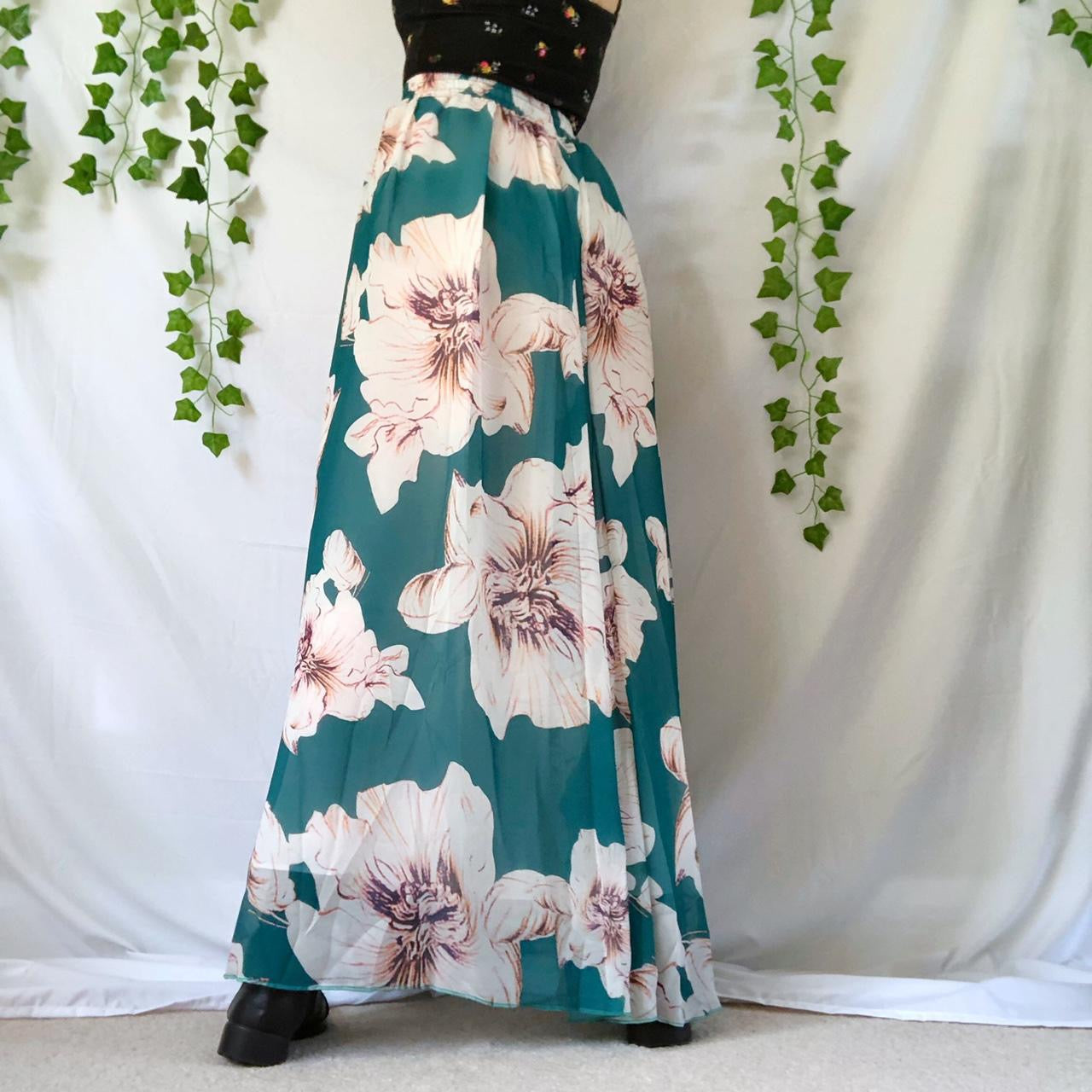 Teal and white floral print maxi skirt
