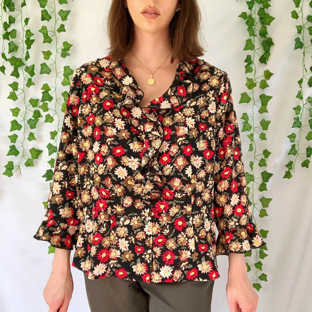 Vintage 90s Black Floral Groovy V Neck Bell Sleeve Ruffled Button Up Blouse