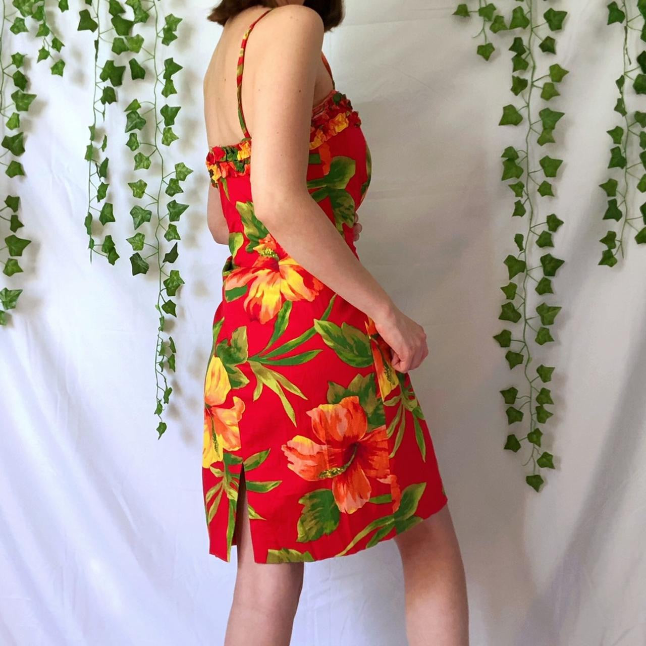 Vintage 90s Red Hawaiian Floral Print Cami Dress