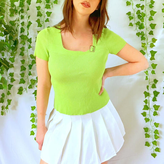 Y2k Lime Green Ribbed Square Neck Short Sleeved Top
