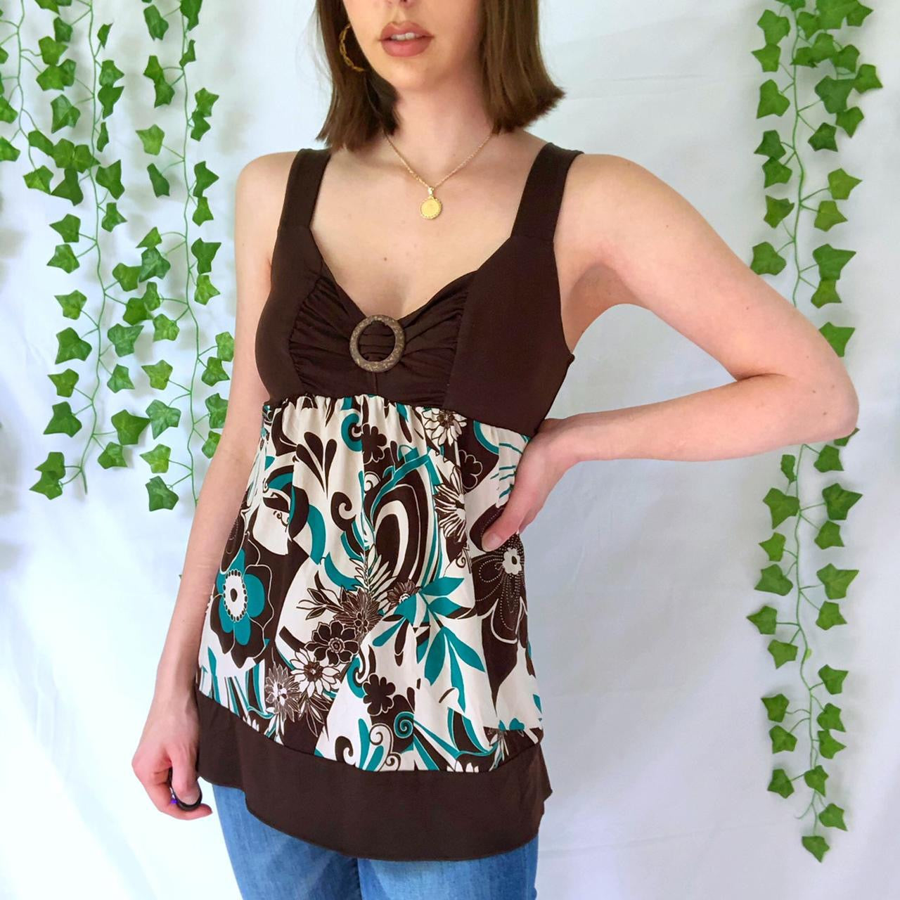 Groovy Brown, Blue, and White Y2K Tank Top