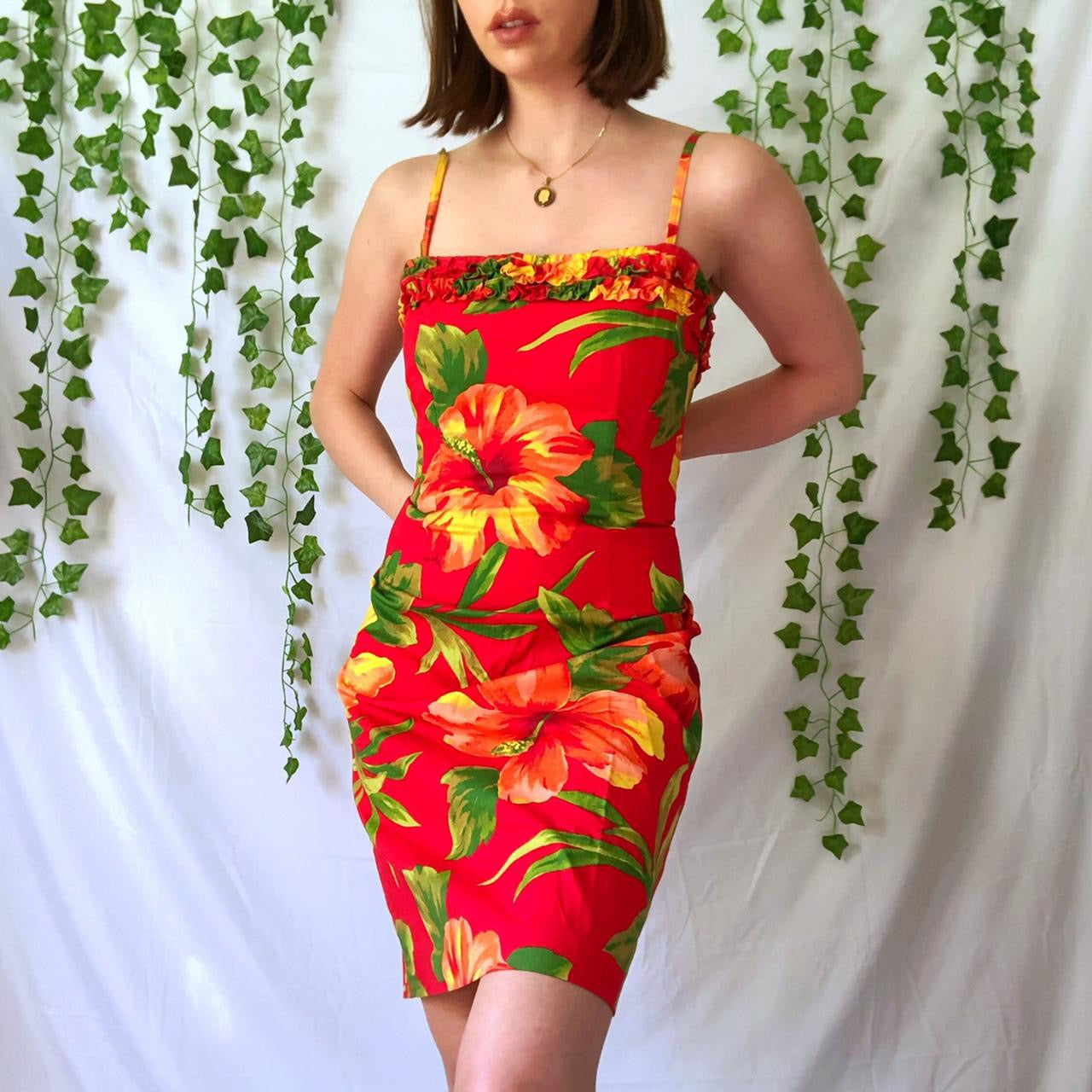 Vintage 90s Red Hawaiian Floral Print Cami Dress