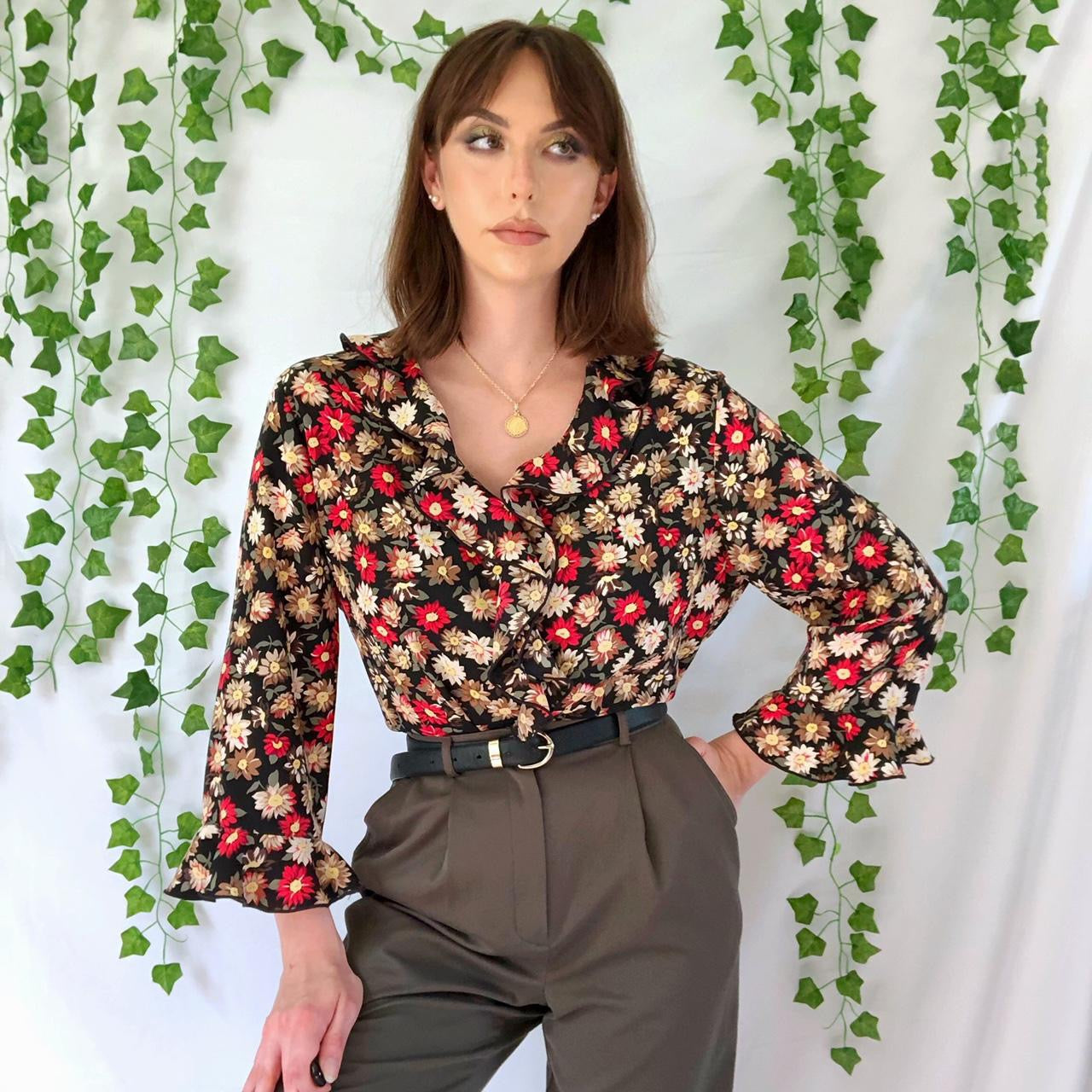 Vintage 90s Black Floral Groovy V Neck Bell Sleeve Ruffled Button Up Blouse