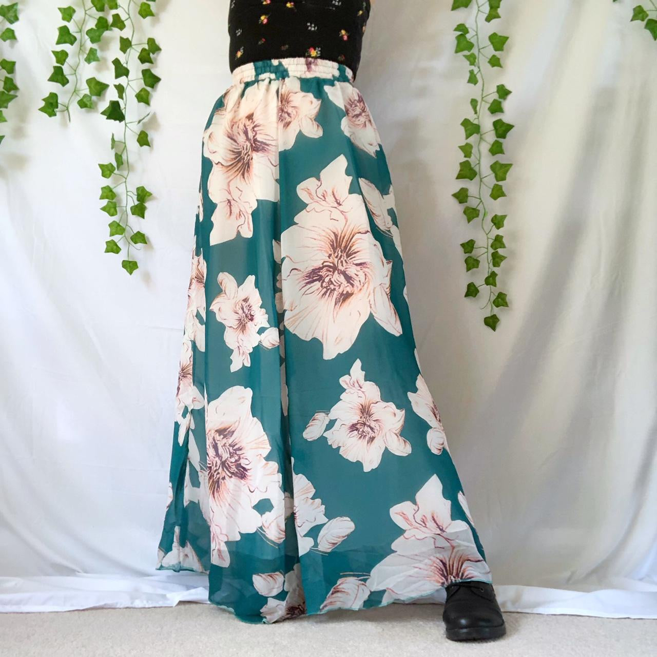 Teal and white floral print maxi skirt
