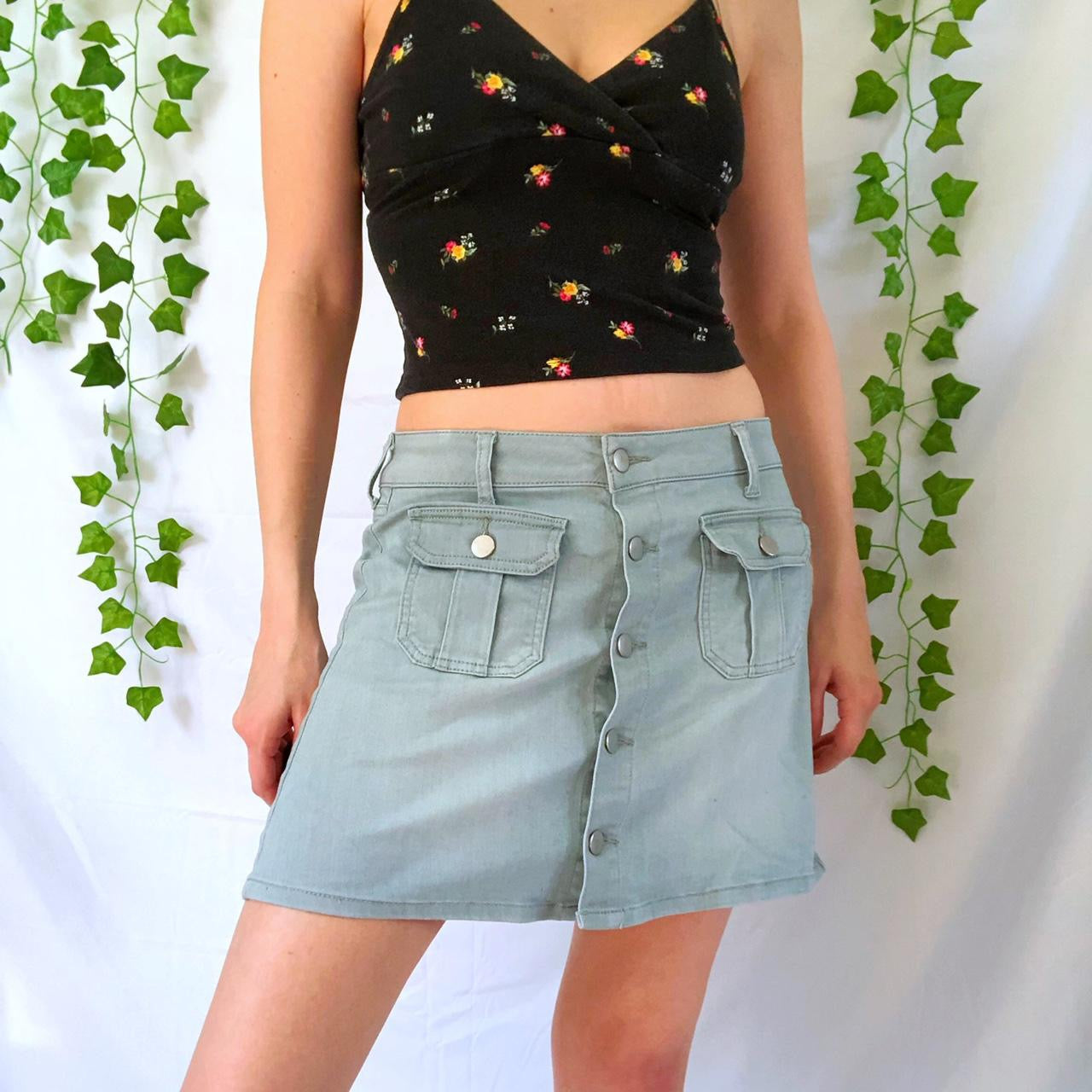 Y2K light blue gray button front cargo skirt