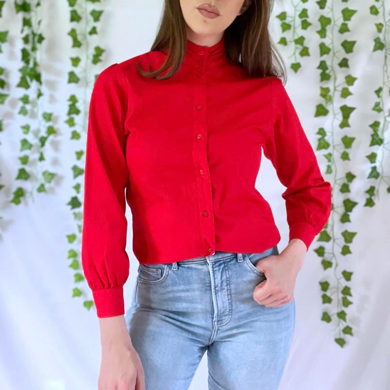 Vintage 70s Red Mock Neck Button Up Prairie Secretary Blouse