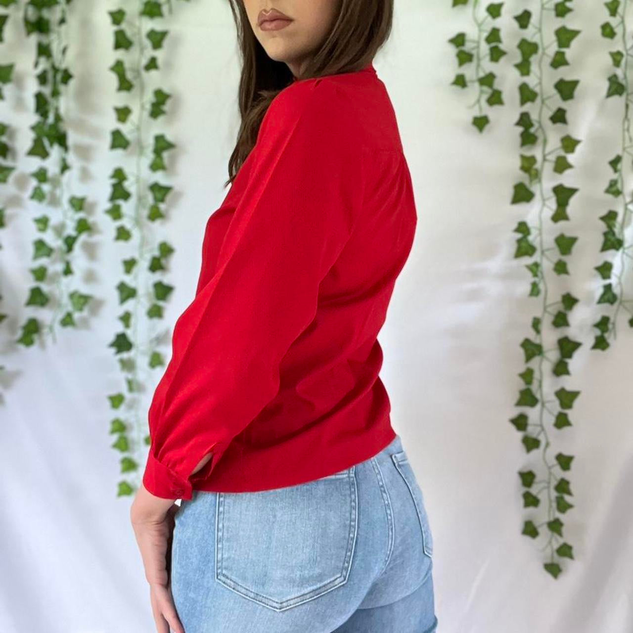 Vintage 70s Red Mock Neck Button Up Prairie Secretary Blouse