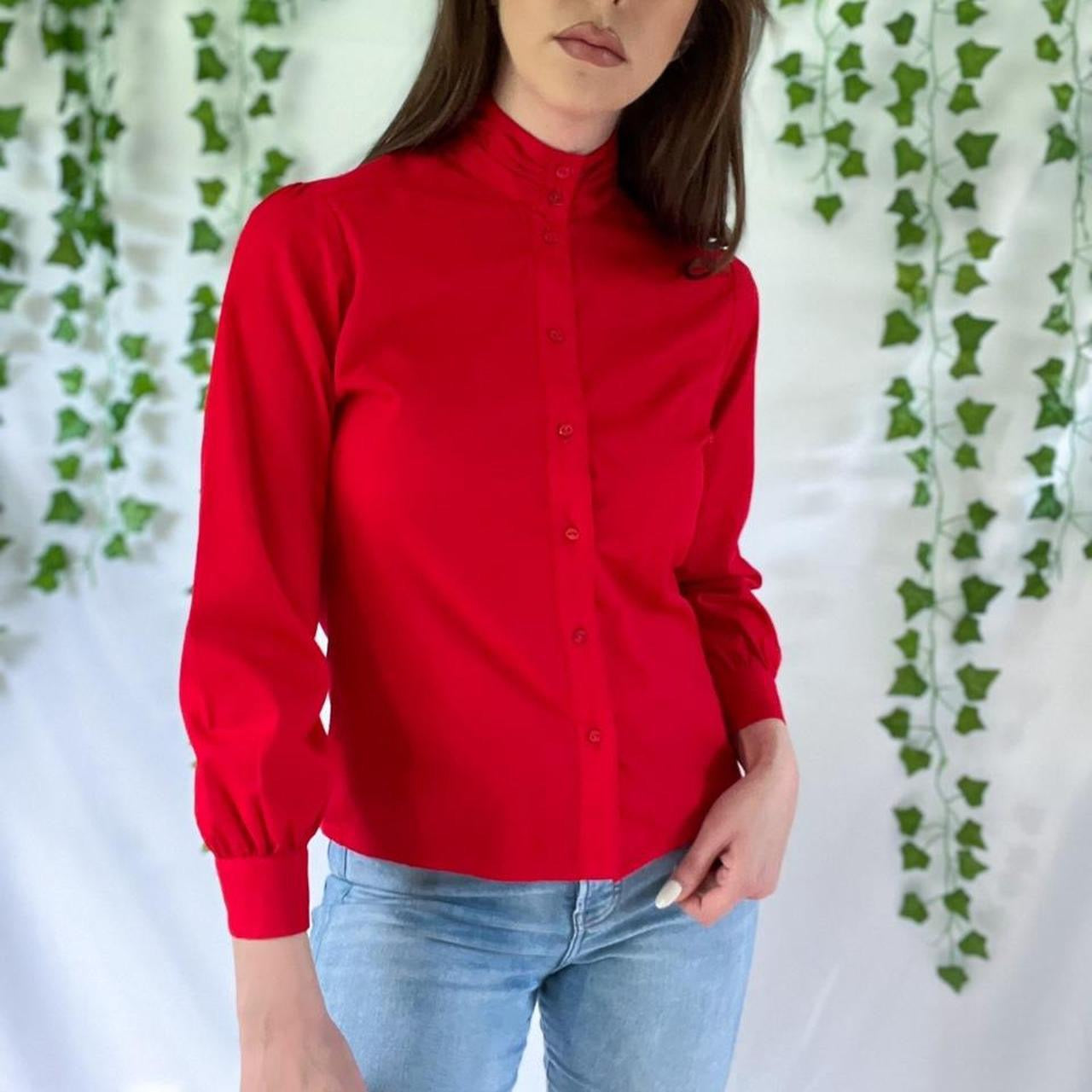 Vintage 70s Red Mock Neck Button Up Prairie Secretary Blouse