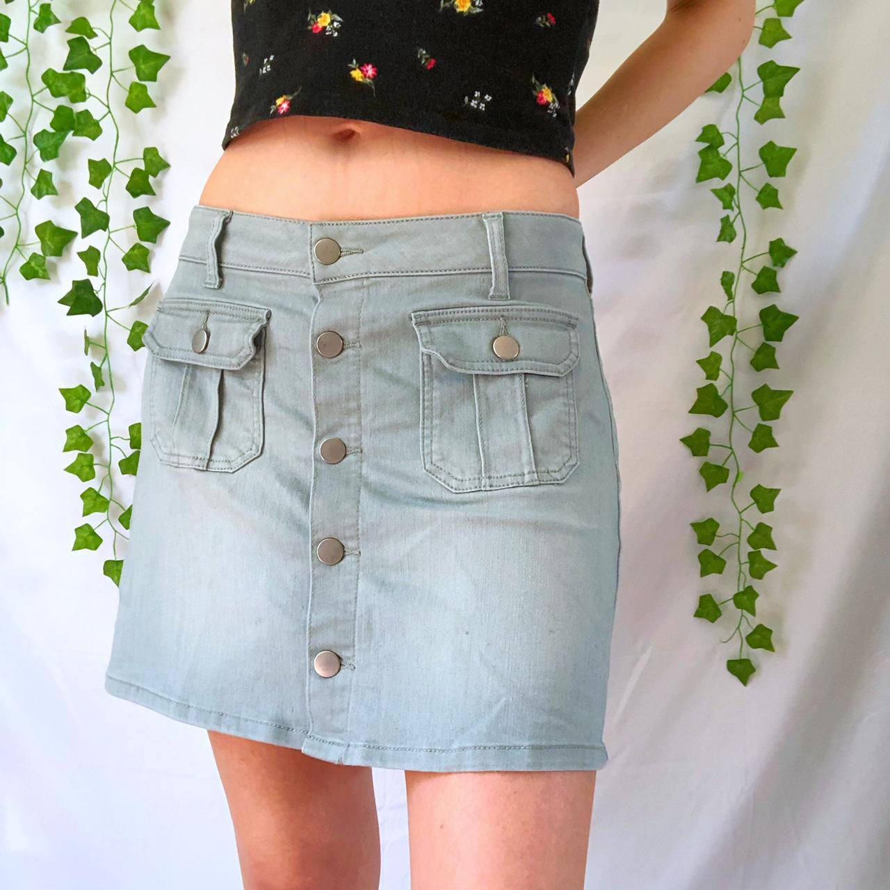 Y2K light blue gray button front cargo skirt