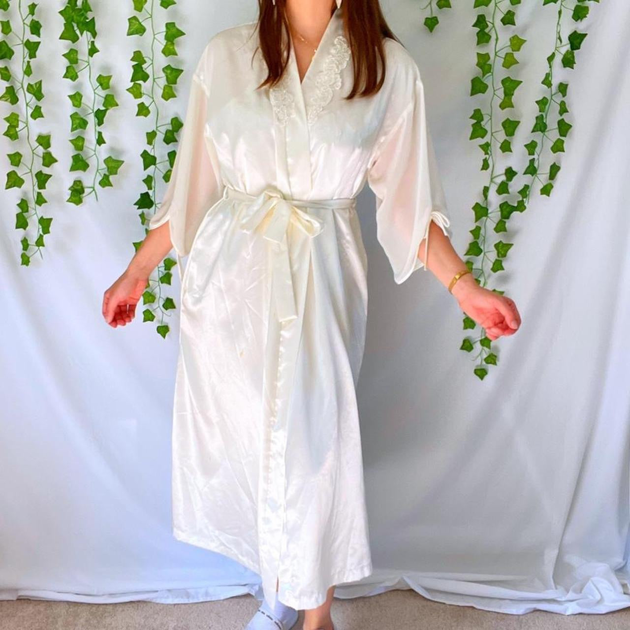 Vintage 80s White Satin and Beaded Lace Slip Dress and Robe Set