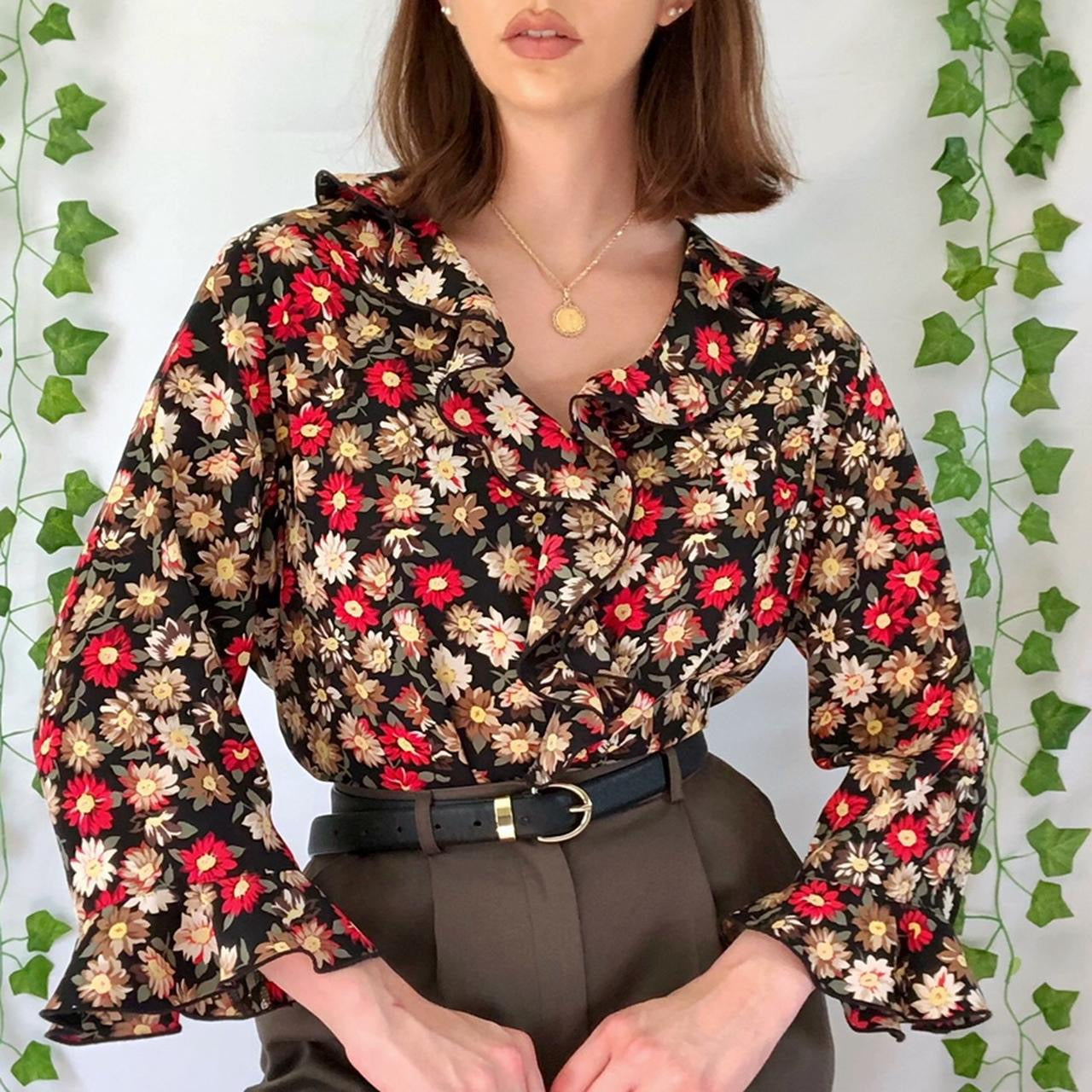 Vintage 90s Black Floral Groovy V Neck Bell Sleeve Ruffled Button Up Blouse