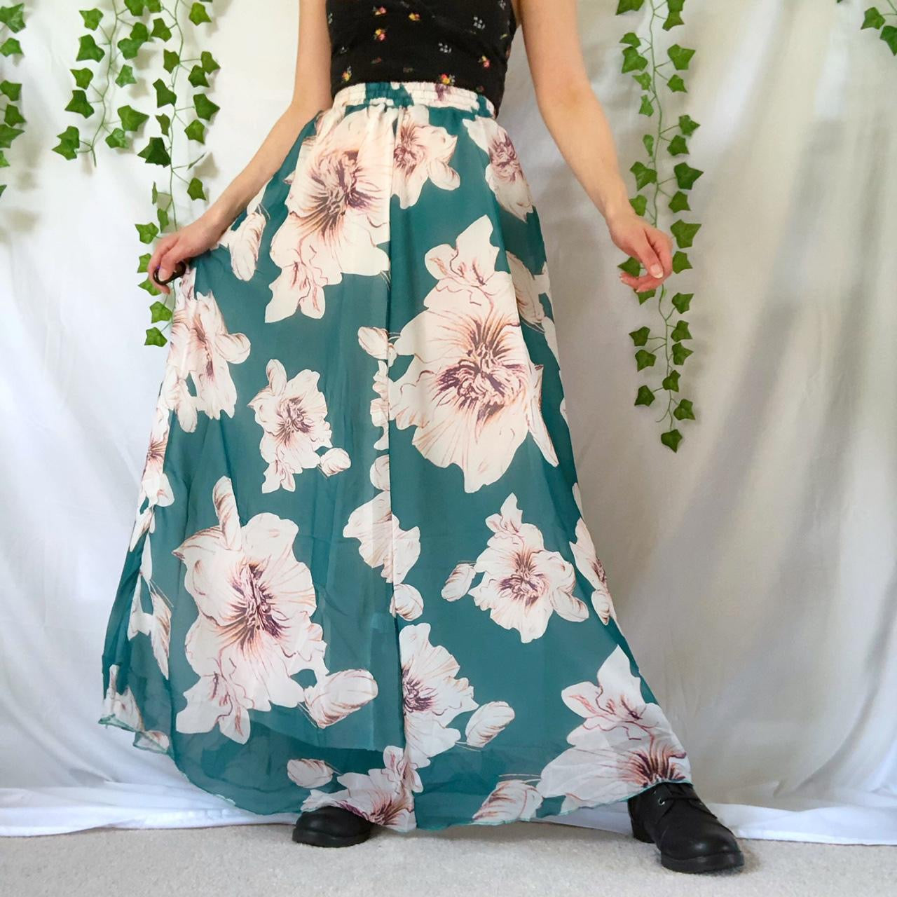 Teal and white floral print maxi skirt