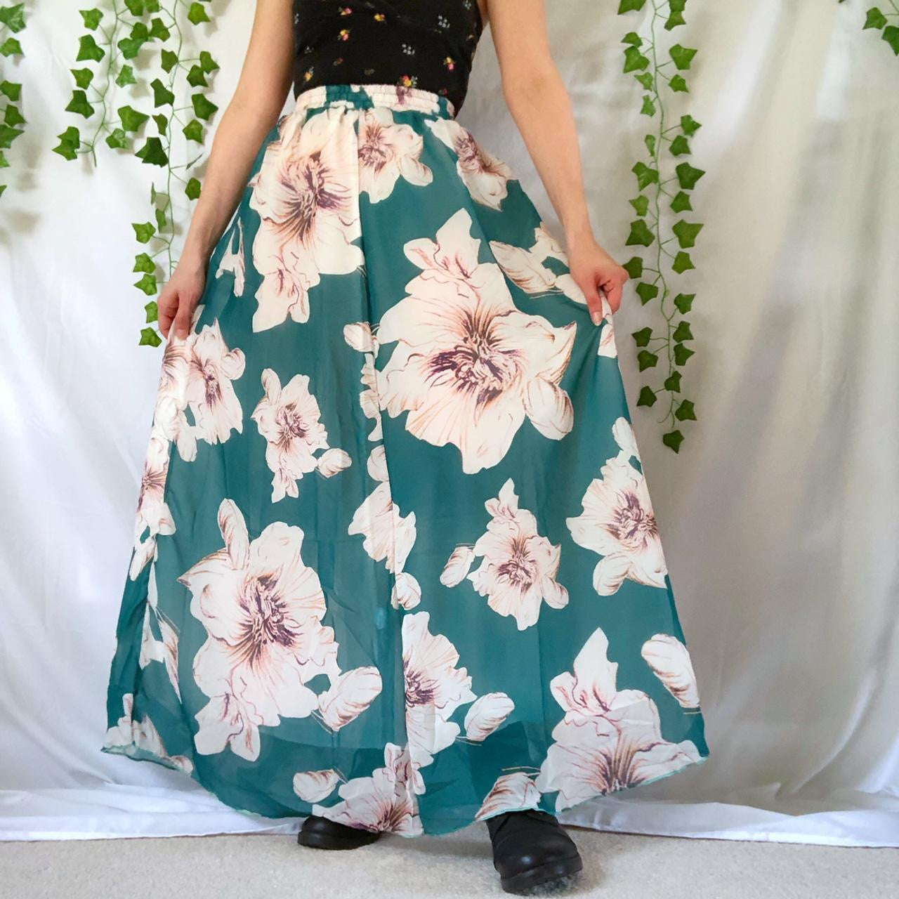 Teal and white floral print maxi skirt