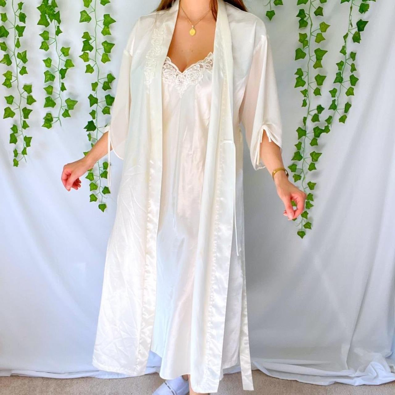 Vintage 80s White Satin and Beaded Lace Slip Dress and Robe Set